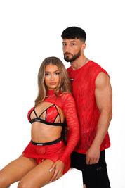 Couplez Fire Red Net Outfit Sets - Suxceedwomens