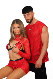 Couplez Fire Red Net Outfit Sets - Suxceedwomens