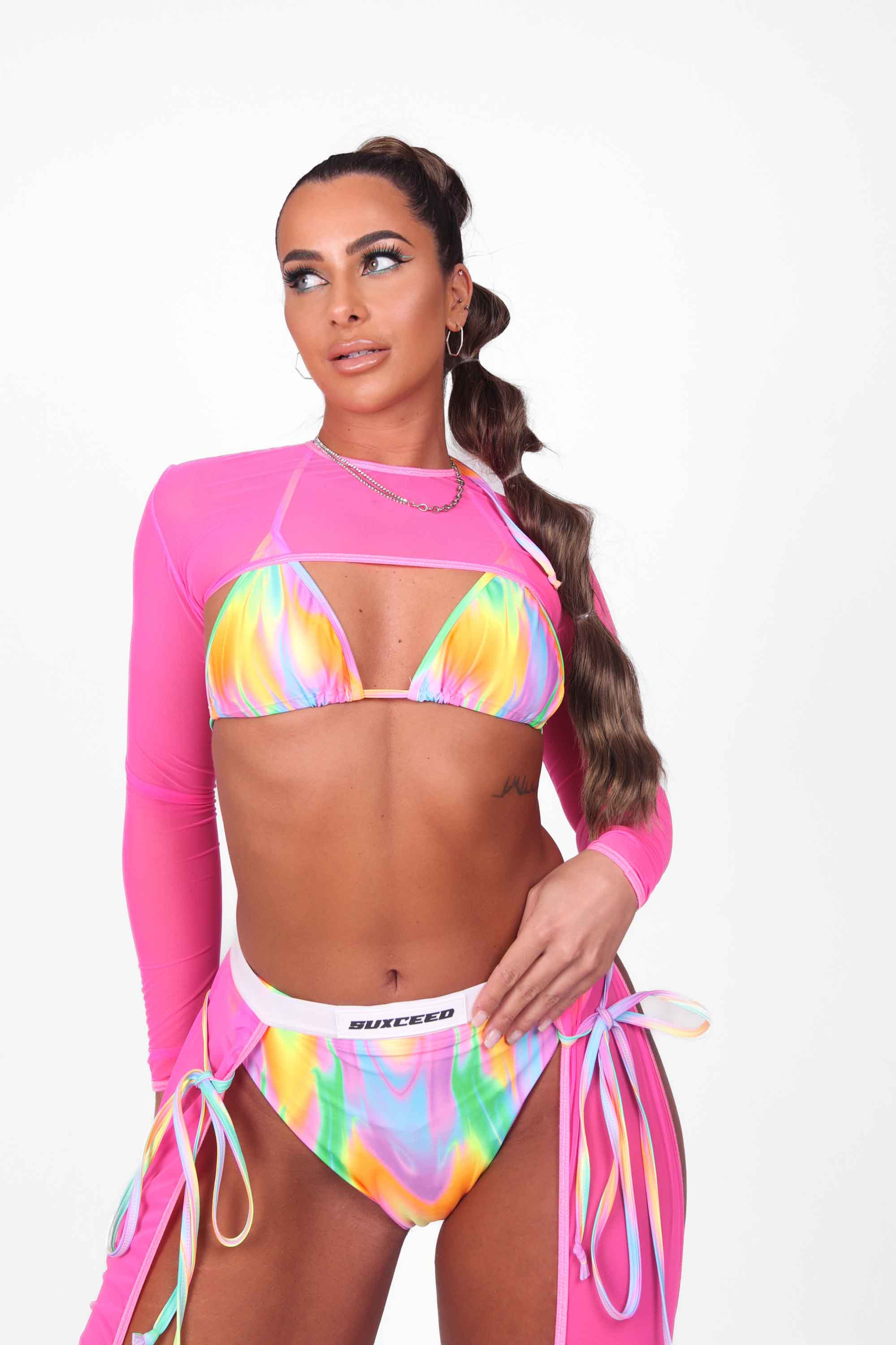 Flare Long Sleeve Super Crop in Pink Mesh (Size 10) - Suxceedwomens